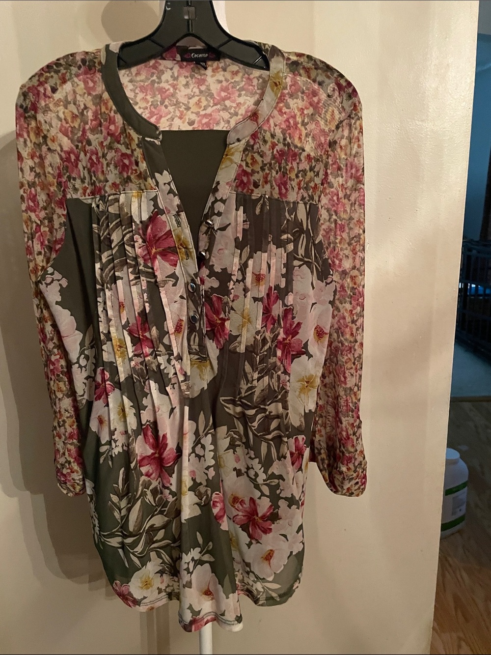 Cocomo Olive Floral Pleated Split-Neck Blouse